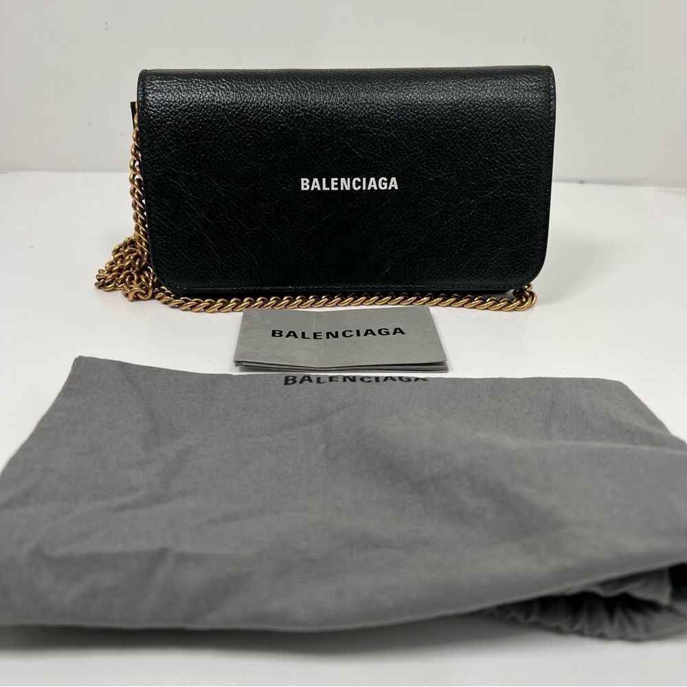 Balenciaga Black Leather Classic Logo Wallet on Gold Chain Crossbody Bag